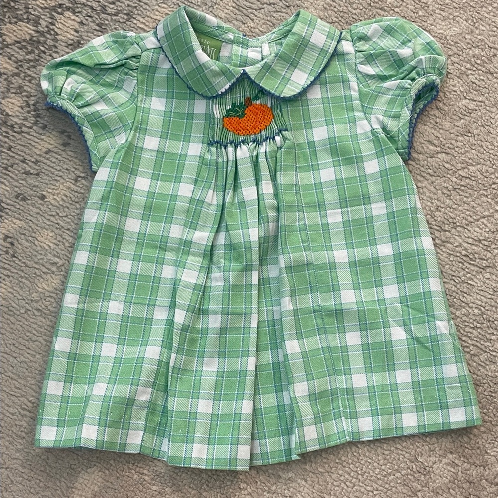 Green Plaid Baby Dress with Pumpkin Embroidery